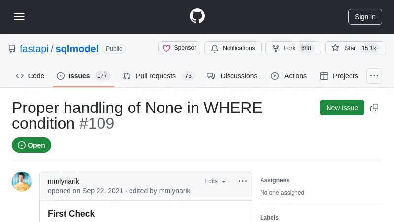 shot of post - 💭 Proper handling of None in WHERE condition · Issue #109 · fast...