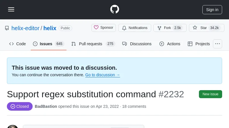 shot of post - 💭 Support regex substitution command · Issue #2232 · helix-edito...