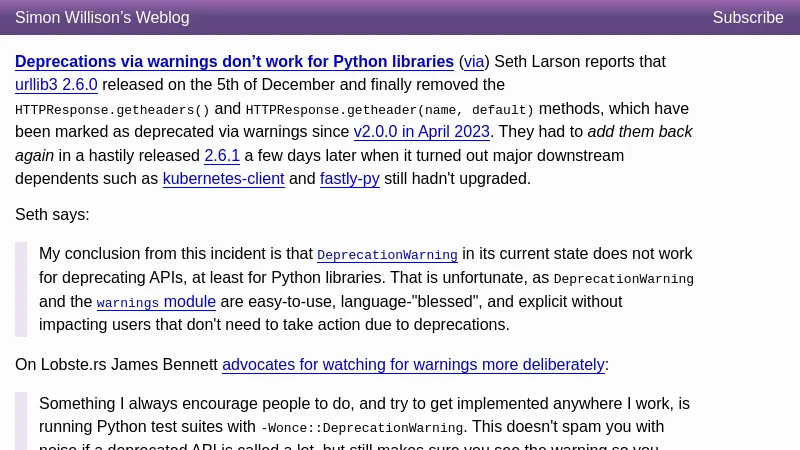 shot of post - 💭 Deprecations via warnings don’t work for Python libraries