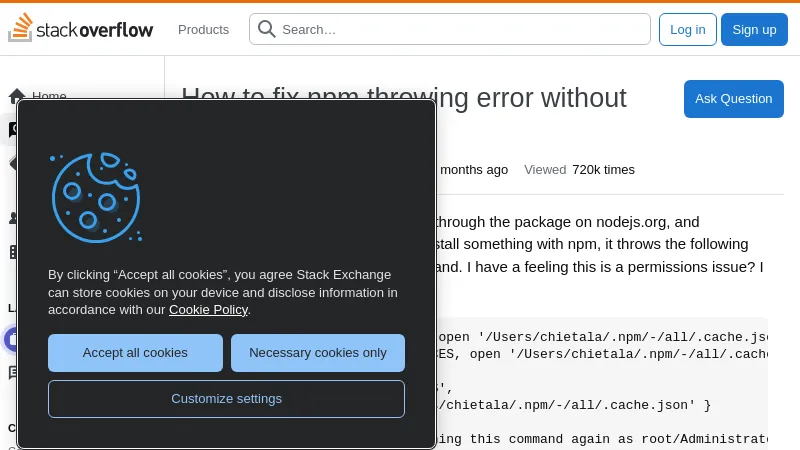 shot of post - 💭 node.js - How to fix npm throwing error without sudo - Stack O...